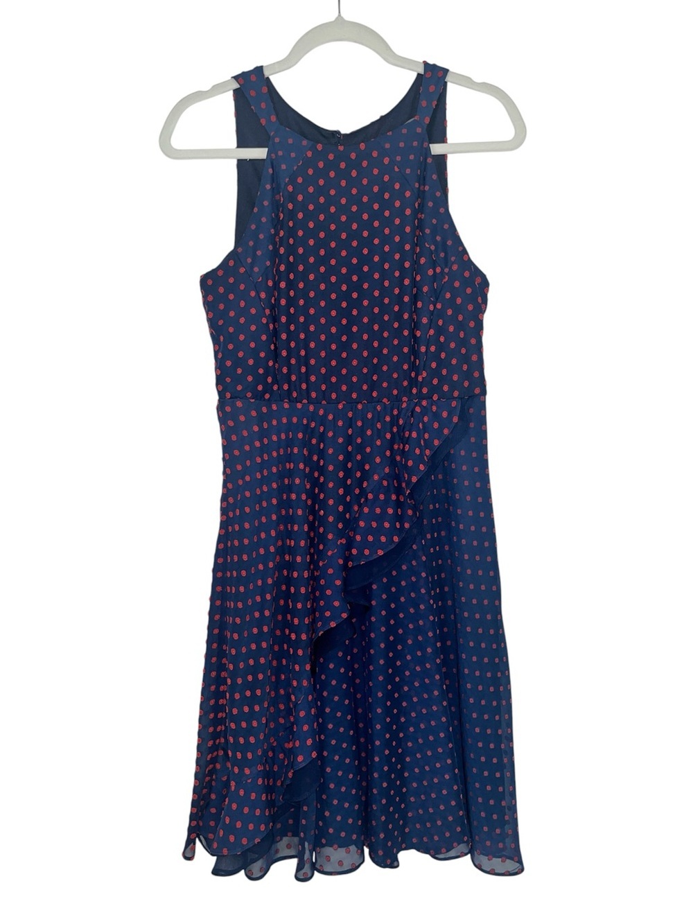 Eva Franco Anthropologie Maryann Navy Red Clip Dot Sleeveless Dress 8 Ruffle - Picture 4 of 14